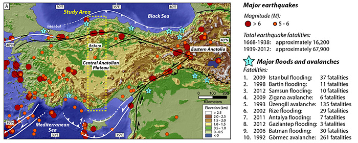 Figure: Earthquakes and recent natural disasters in the study area of Turkey